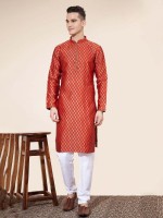 Red Jacquard Silk Readymade Kurta Pajama